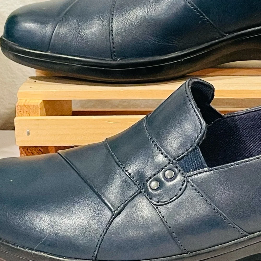 Clarks “May Marigold” Navy Banded Studded Genuine Leather Slip On Loafers